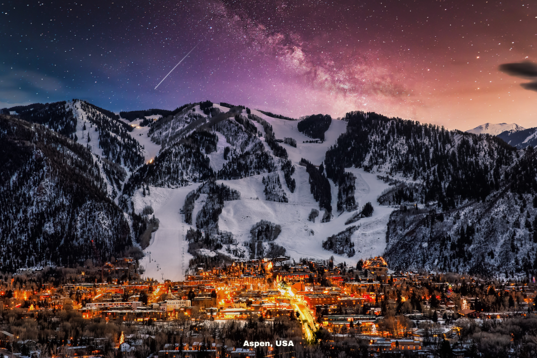 Aspen Mountain ski runs with private jets in the background, highlighting exclusive access.